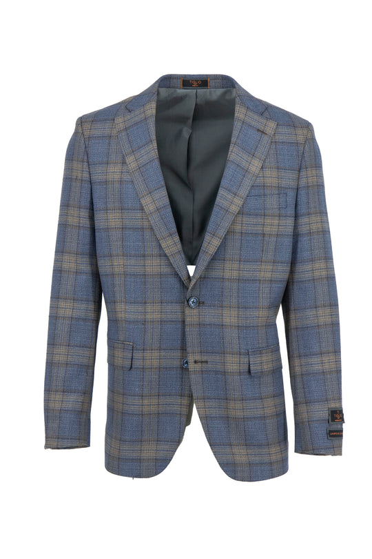 The Tiglio Luxe Aegean Blue with Camel Windowpane Dolcetto Modern Fit Pure Wool Jacket (TL7517) features two buttons, front pockets, and a notched lapel, exemplifying elegant men’s tailoring. Displayed on a white background.