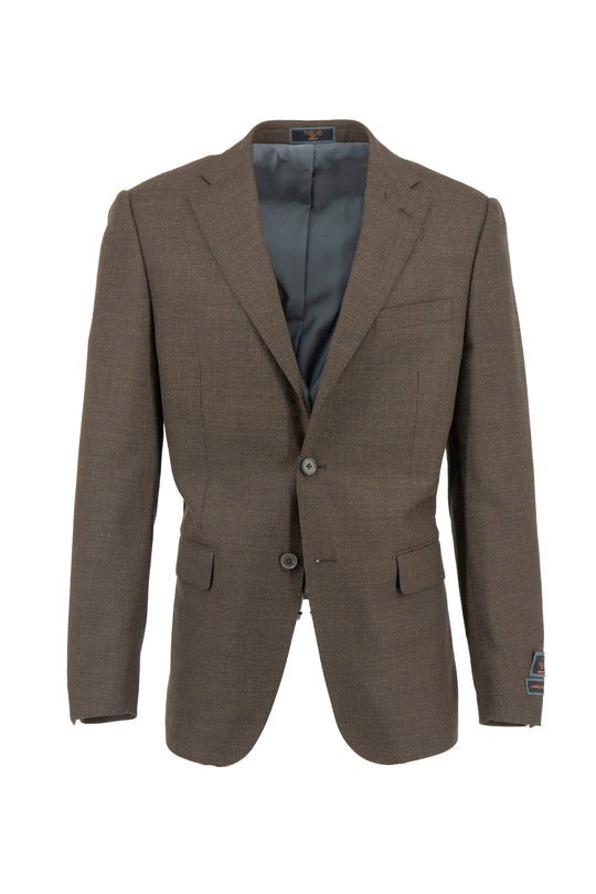 The Tiglio Luxe Mocha Hopsack Dolcetto Modern Fit Pure Wool Jacket TL7537 is a single-breasted brown blazer with two buttons, notched lapels, and multiple pockets, inspired by classic Italian menswear, shown on a white background.