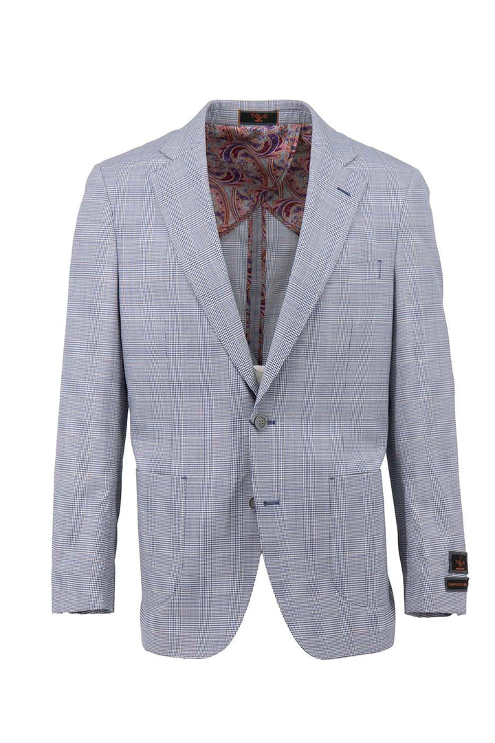 The Tiglio Luxe Light Blue Glen Plaid Dolcetto/THP Modern Fit Jacket TL4036, crafted from pure wool, features a half lining, two buttons, and notch lapels, exemplifying the blend of sartorial traditions in men's clothing.