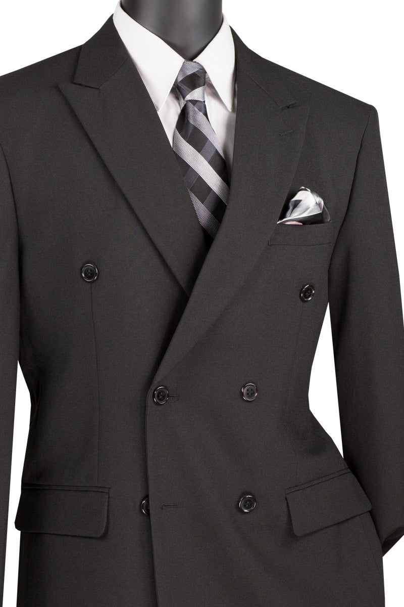 The mannequin stylishly showcases a Vinci Suits Regular Fit Double Breasted 2 Piece Suit (Black) DPP, paired with a white shirt and striped tie. A folded handkerchief in the breast pocket adds a touch of classic elegance.