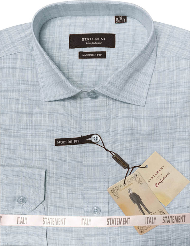 Light gray, self-textured cotton men's dress shirt from Statement Clothing's "Modern Fit" collection, featuring a touch of turquoise for added sophistication. The shirt comes with tags attached and is made in Italy.
