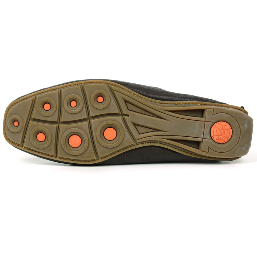 A single FI-4001 Brown Fiesso By Aurelio Garcia loafer by Fiesso is displayed from a side angle on a white background, featuring black slip-on leather with white stitching, blue inner lining, a brown sole, and a cushioned insole for added comfort.