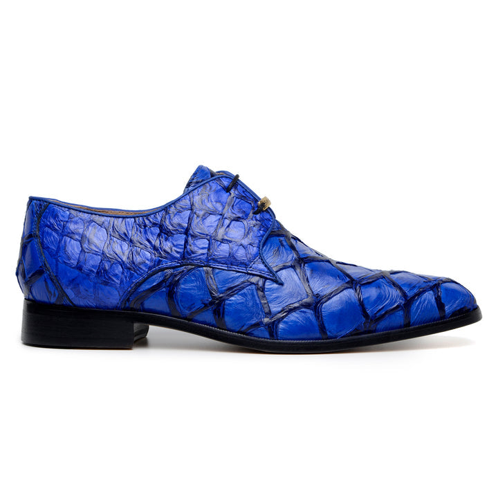 The Belvedere Renzo Genuine Pirarucu Shoe in Royal Blue (BR01) features striking blue exotic fish leather, black soles, and gold lace accents.