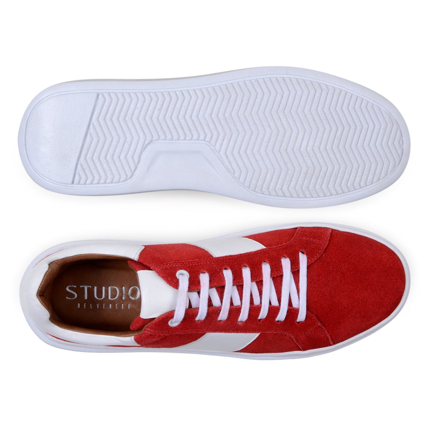 The BELVEDERE Belvedere - Olivier Italian Suede/Soft Calf Shoe in red and white features a cushioned insole, white laces, a white side stripe, and a thick white sole, shown from a side profile view.