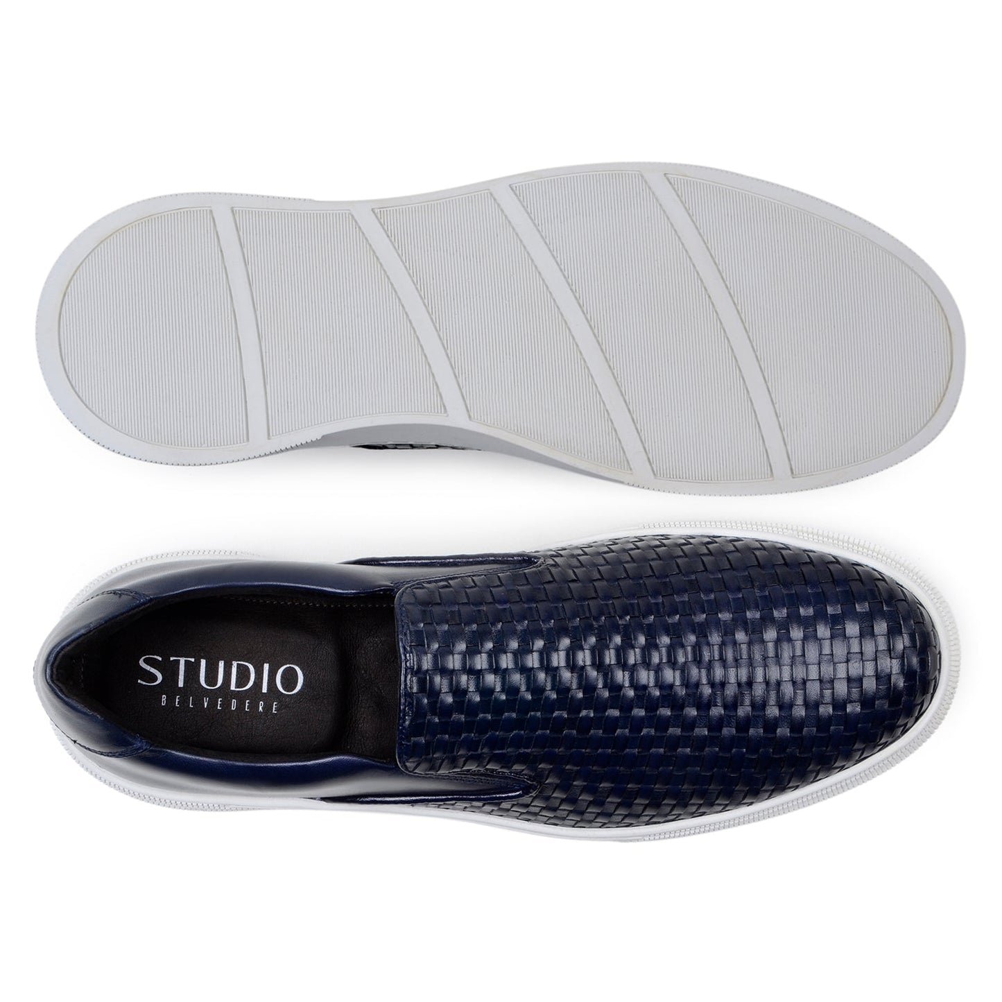 The BELVEDERE Belvedere - Fernando sneaker features a handwoven navy leather upper, white rubber sole, and is shown in a left side profile against a white background.