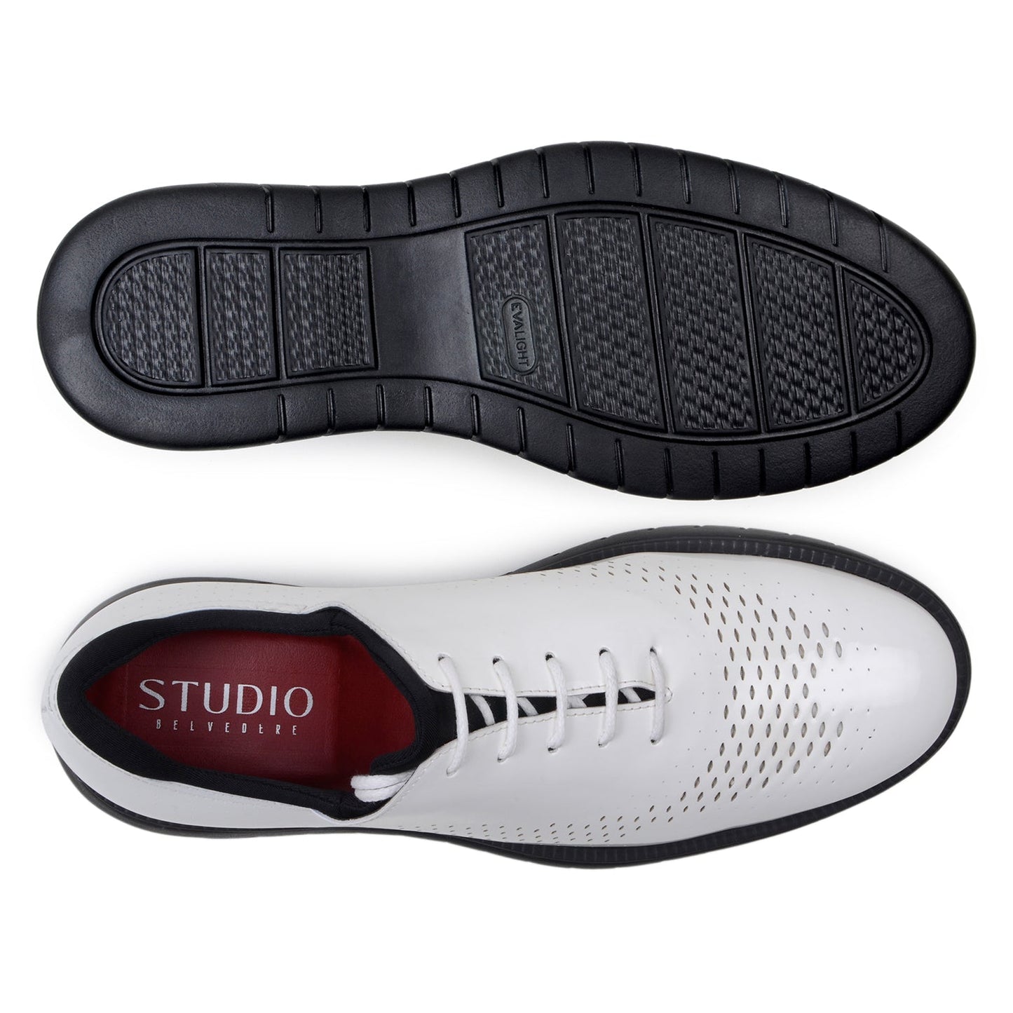 The BELVEDERE Maxim Laser Cut Wingtip Sneaker in white features a black sole and lining, with side and toe perforations inspired by wingtips for a refined, formal look.