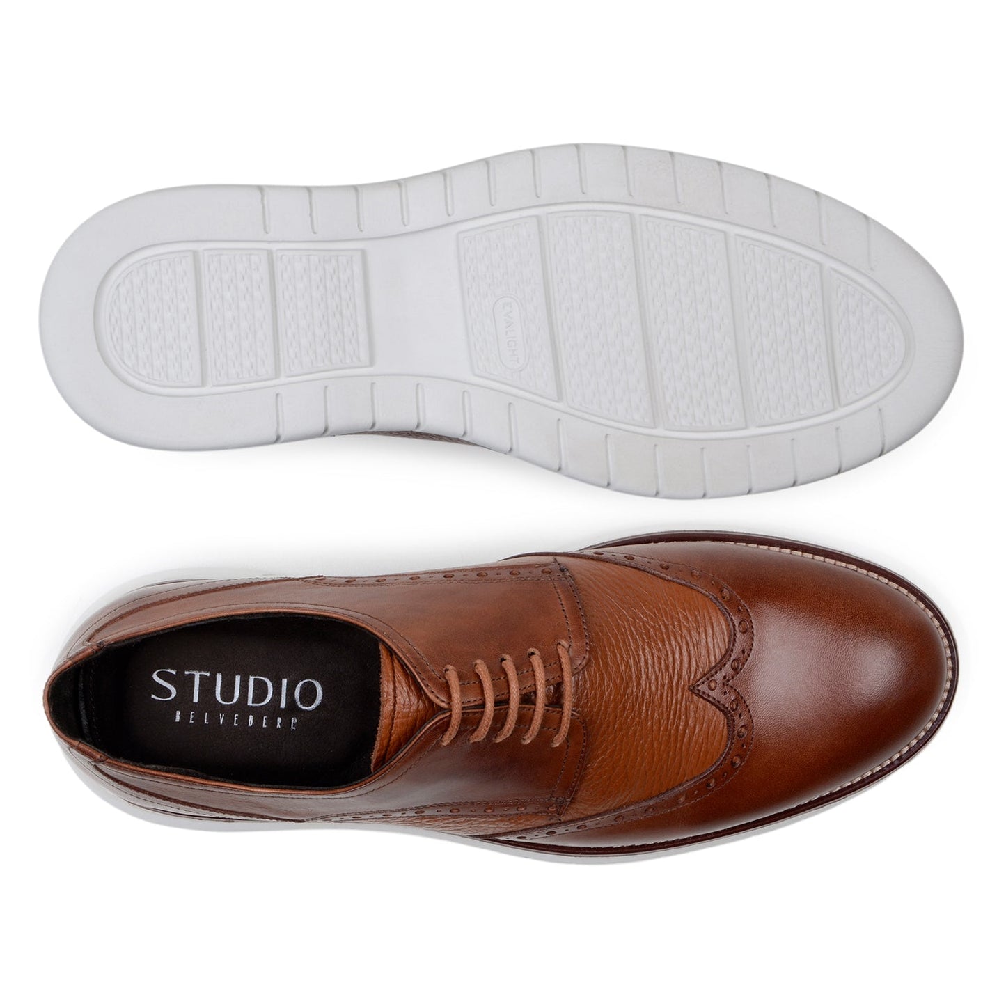 The BELVEDERE Belvedere - Enzo is a genuine leather shoe in Ant. Tan, featuring wingtip brogue detailing, cushioned insoles, white rubber soles, and lace-up closures.