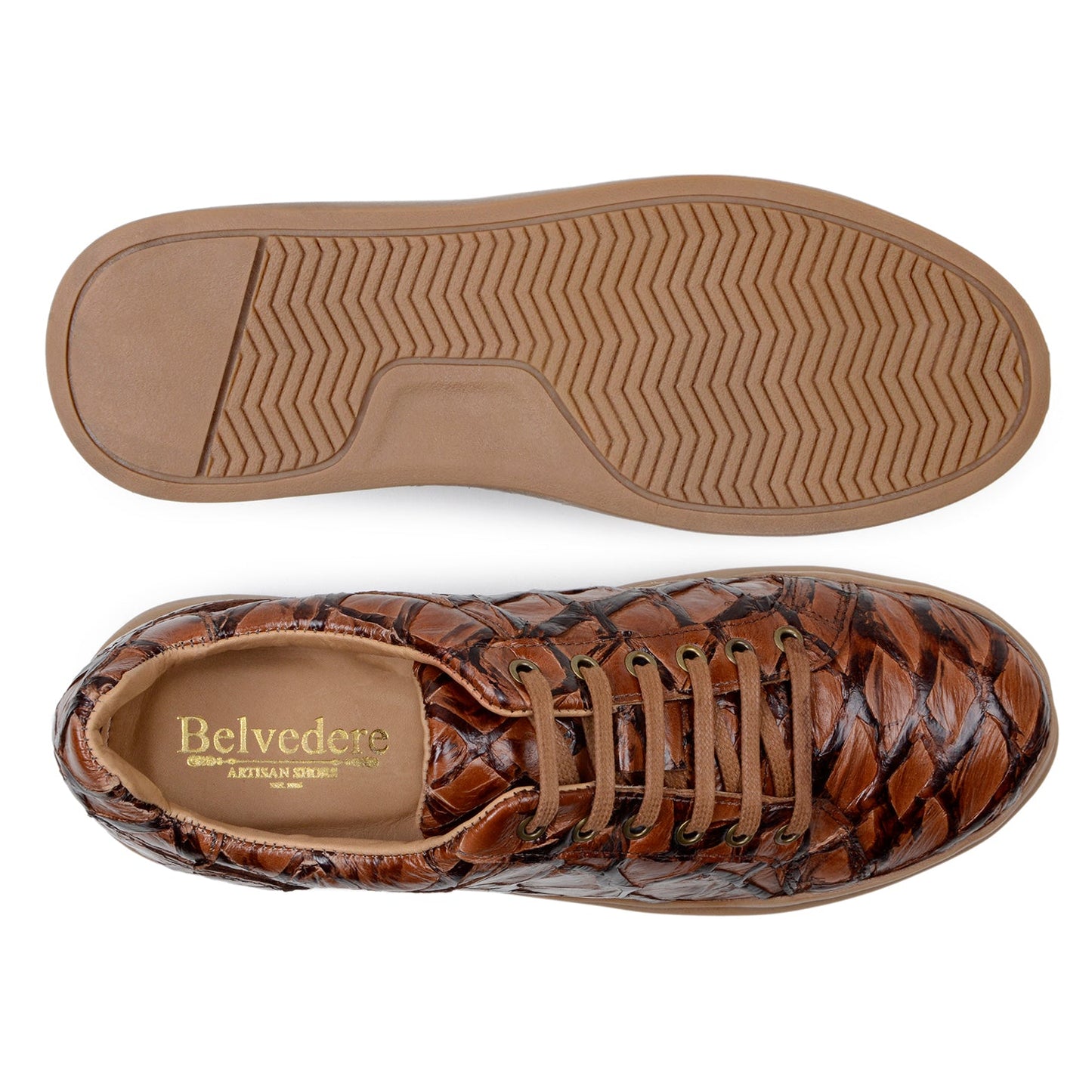 BELVEDERE’s Kingstone Genuine Pirarucu Shoe in Ant. Almond features a textured, scale-inspired upper and light brown rubber sole, shown in side profile view.