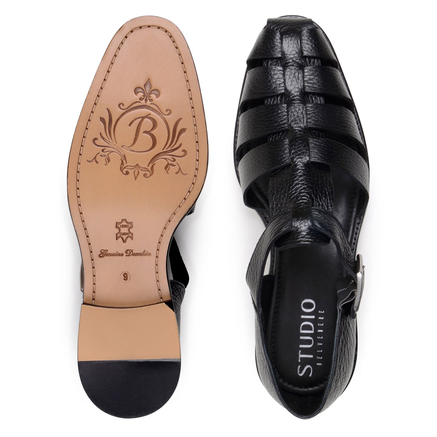 The BELVEDERE Elio is a genuine Italian deerskin leather fisherman sandal in black, featuring a closed heel, open sides, toe cutouts, and a silver buckle strap, shown in profile against a white background.