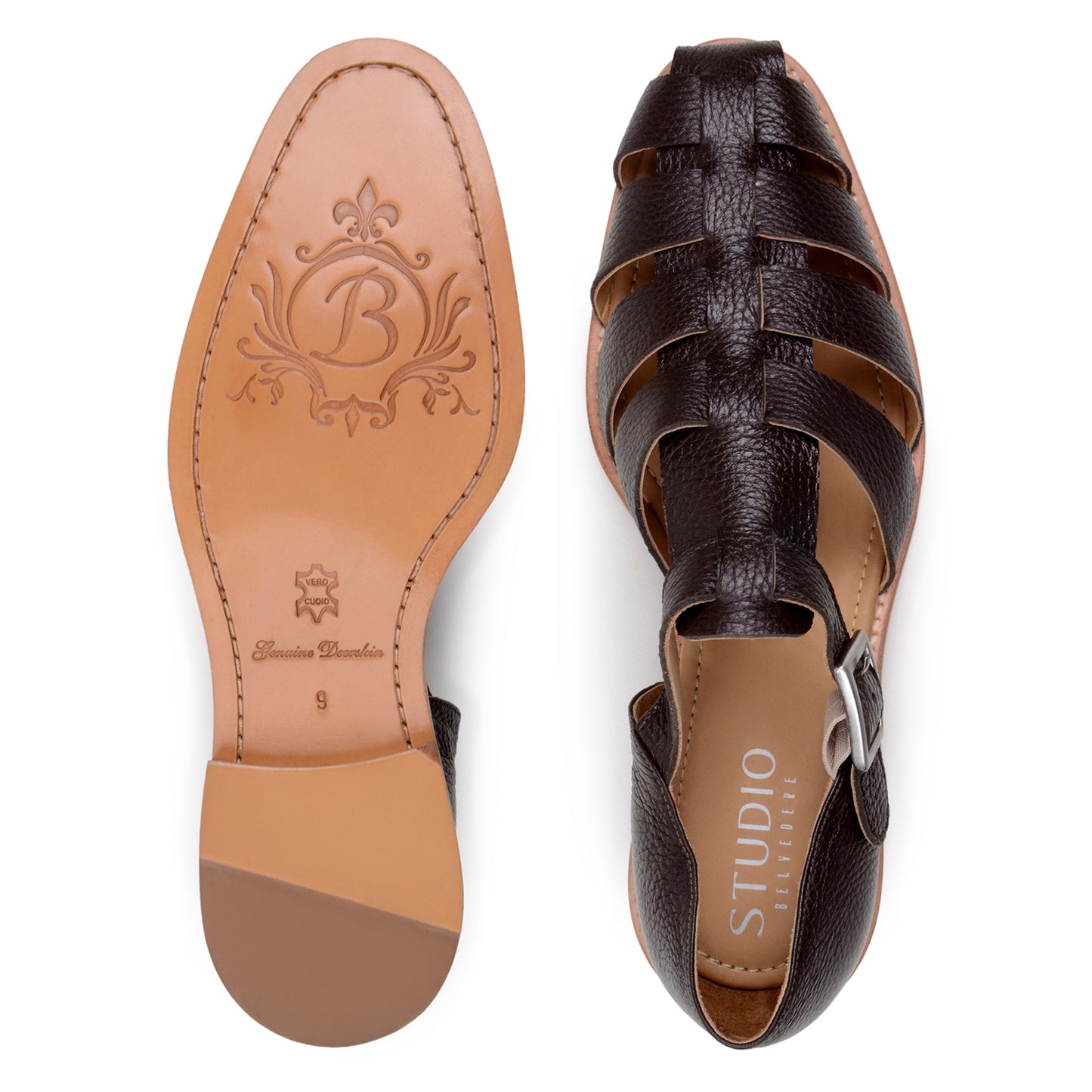 The BELVEDERE Elio is a brown genuine Italian deerskin leather fisherman sandal with a closed heel, open toe, side buckle, and flat sole, shown in side profile.