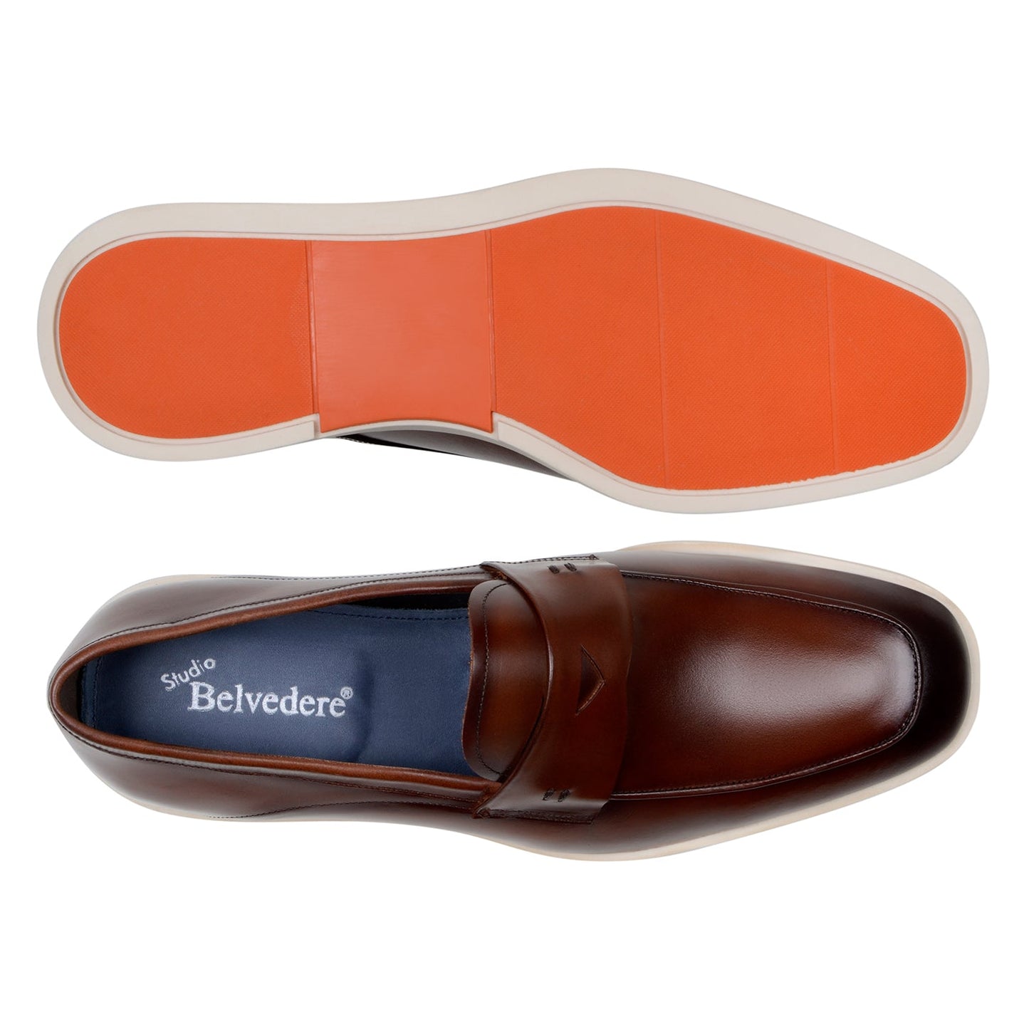 A pair of BELVEDERE Belvedere - Maurizio Hybrid Penny Loafer Shoes in cognac Nappa leather with white rubber soles, made in Brazil, are displayed side by side on a white background.