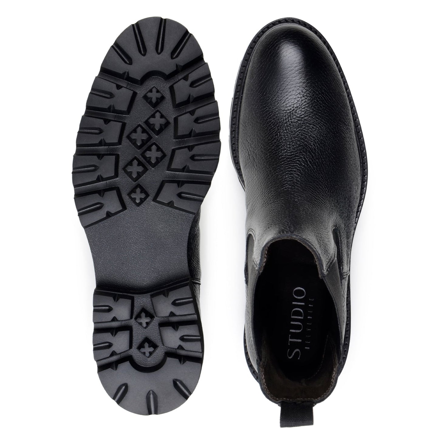 The BELVEDERE Asher is a handcrafted Chelsea boot in black genuine Italian deerskin, featuring elastic side panels, a pull tab, and a thick ridged rubber sole.