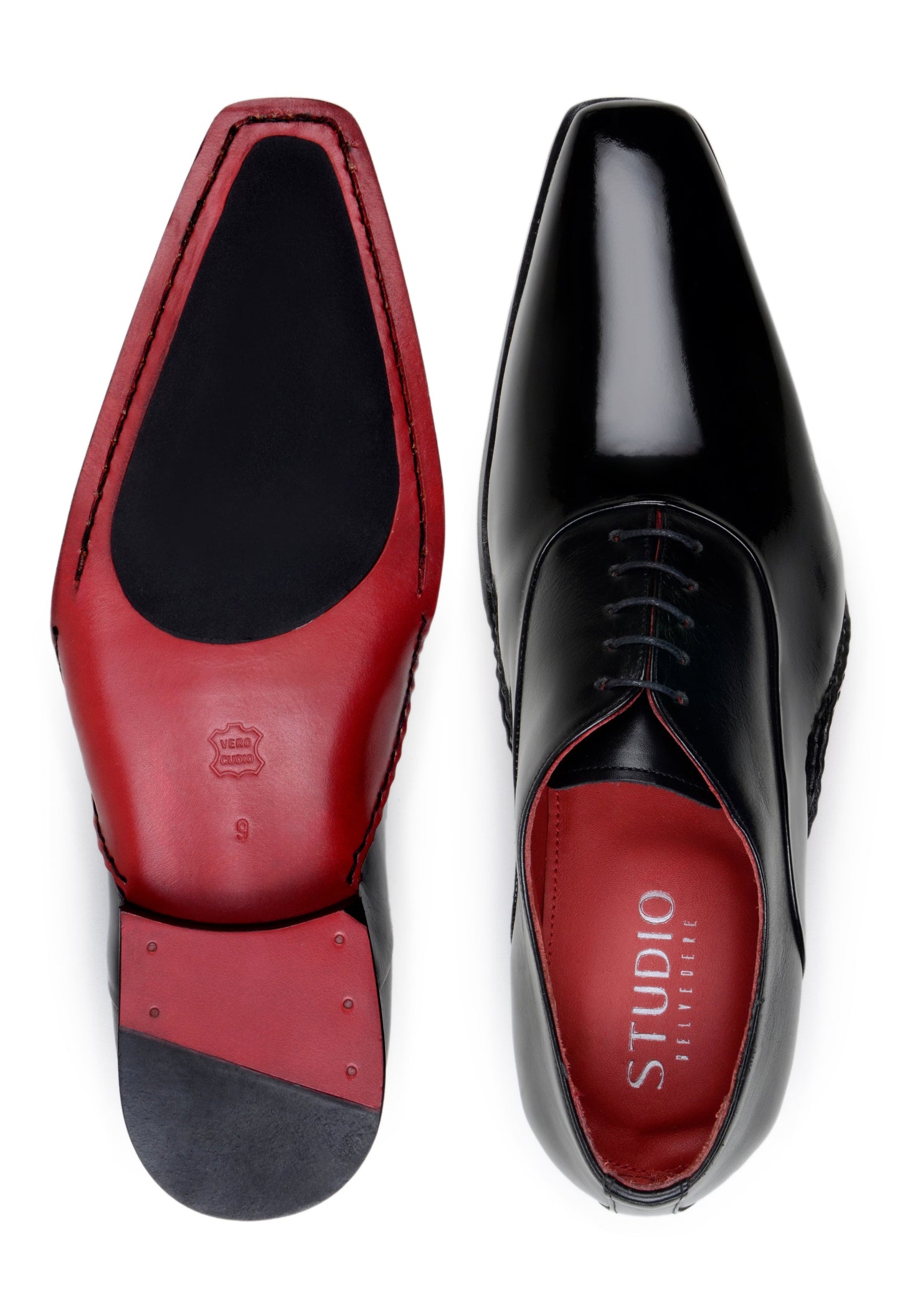 The BELVEDERE Belvedere - Nero is an Italian calf leather dress shoe in black, featuring a red interior lining and opanka red sole, shown side by side on a white background.