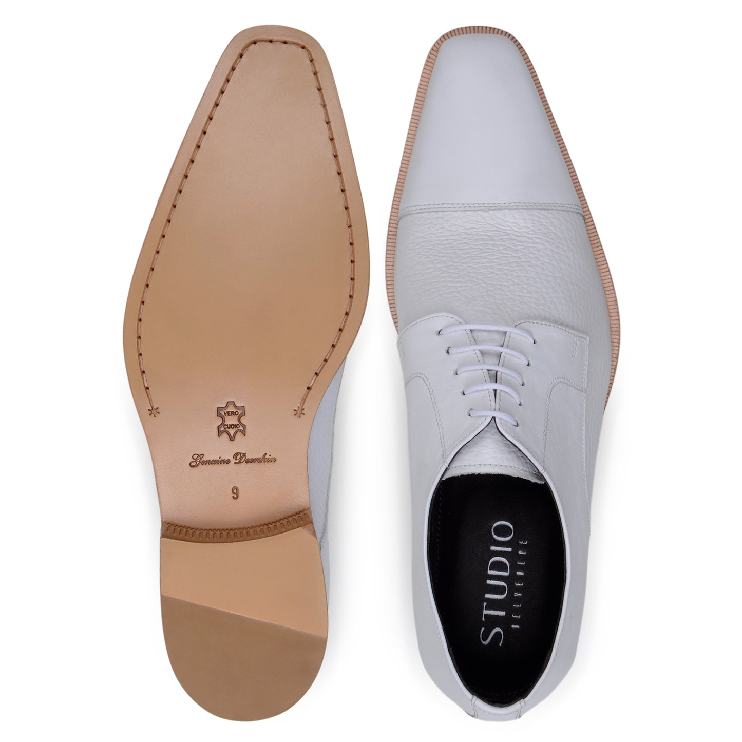 The BELVEDERE Alexander is a single white Italian deerskin and calf Oxford dress shoe with a cap toe, wooden sole, and closed lacing, shown in profile on a white background.