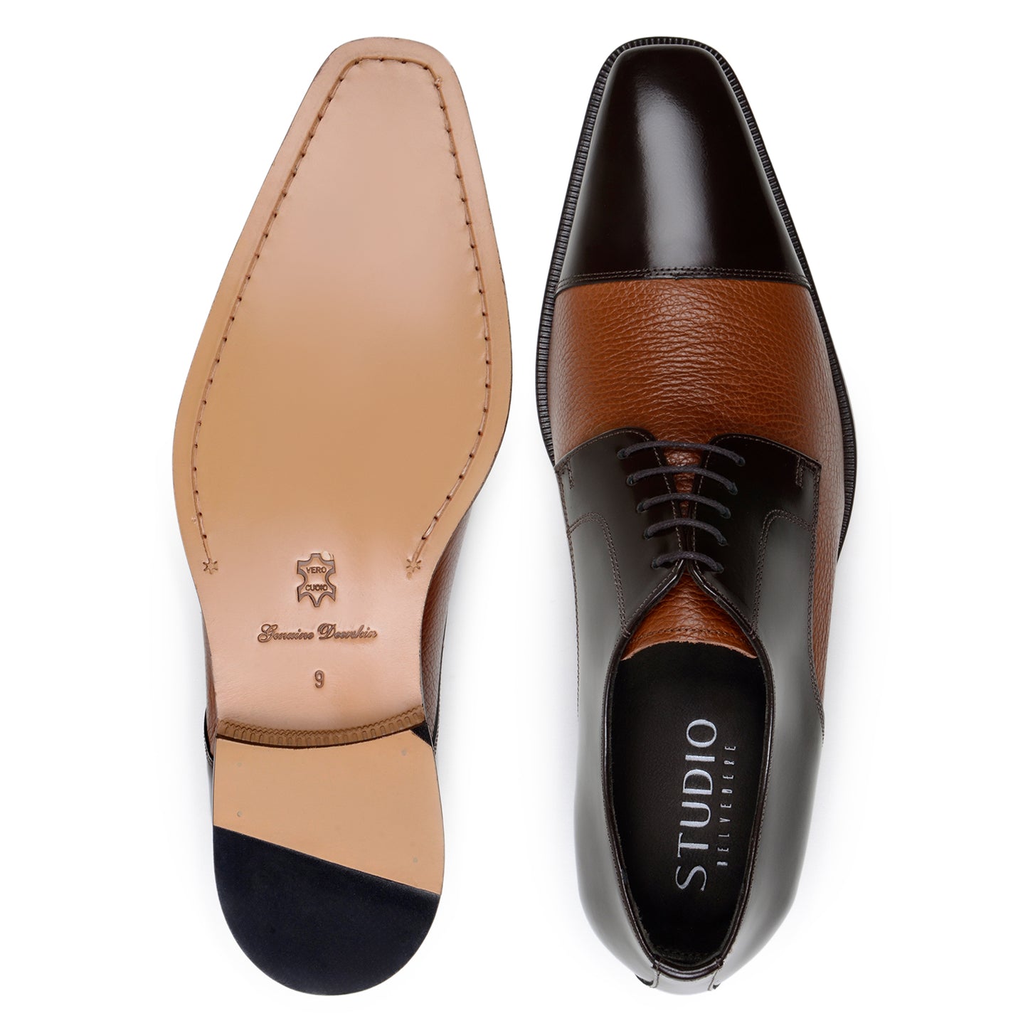 The BELVEDERE Alexander is a men's dress shoe crafted in Brazil with a black polished toe and heel, brown/tan genuine Italian deerskin midsection, black laces, and shown in side profile.