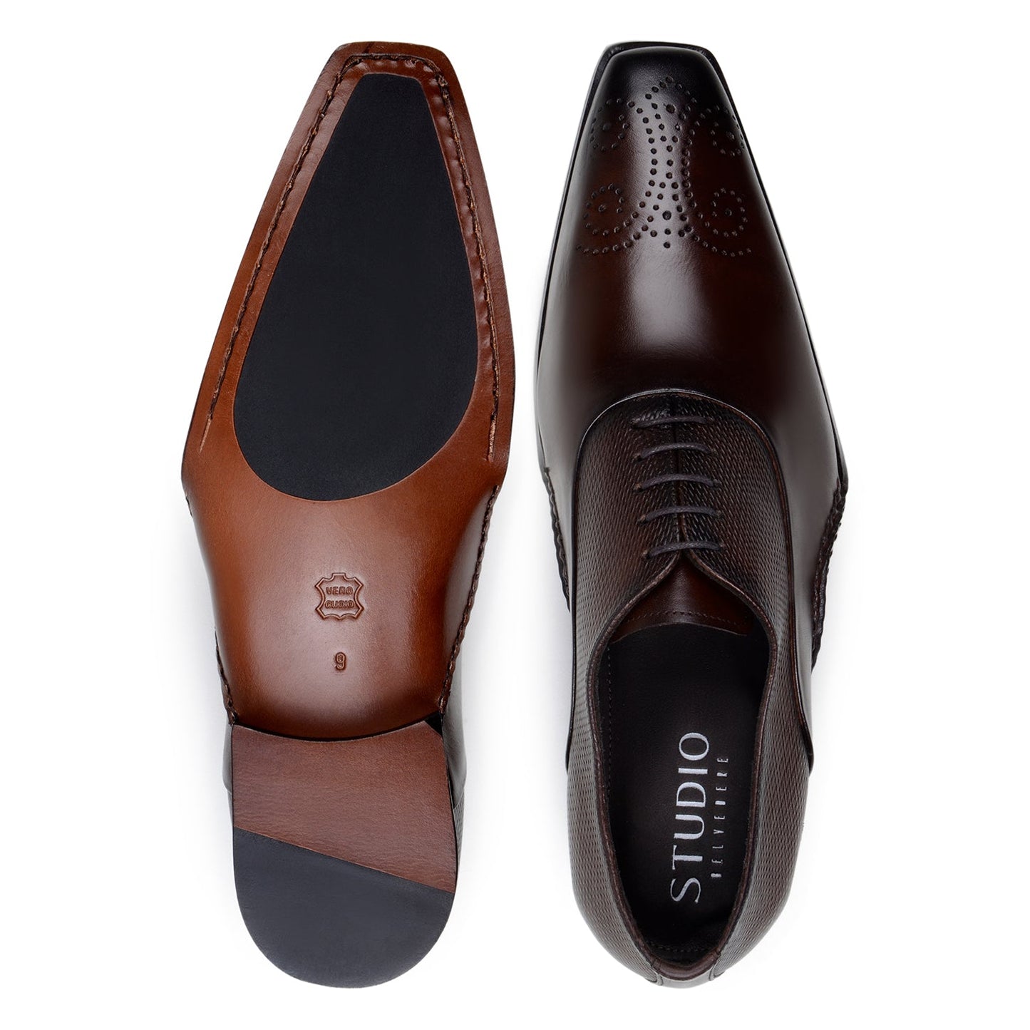 The BELVEDERE Saggio is an Ant. Tobacco Italian calf leather dress shoe with textured panels, toe perforations, a low heel, and handcrafted in Brazil with fine Opanka construction.