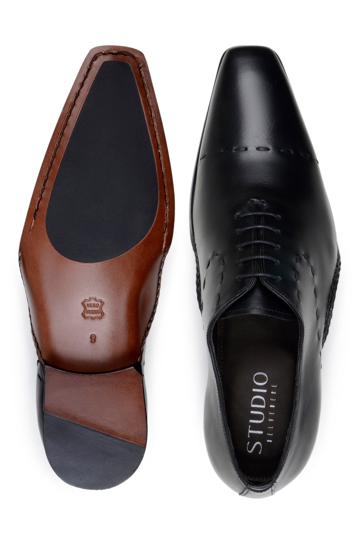 The BELVEDERE Belvedere - Maestro is a black Italian calf leather dress shoe with visible stitching, low heel, and smooth finish, handcrafted in Brazil using Opanka construction, shown in side profile on a white background.