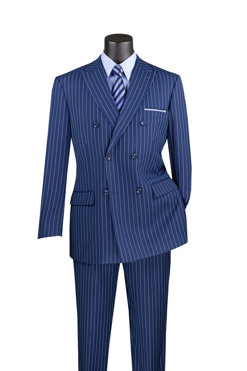 Displayed on a mannequin is the Vinci Suits Regular Fit Double Breasted Stripe 2 Piece Suit (Blue) DSS-4 with double-pleated pants, paired with a light blue shirt and a striped tie for an elegant ensemble.