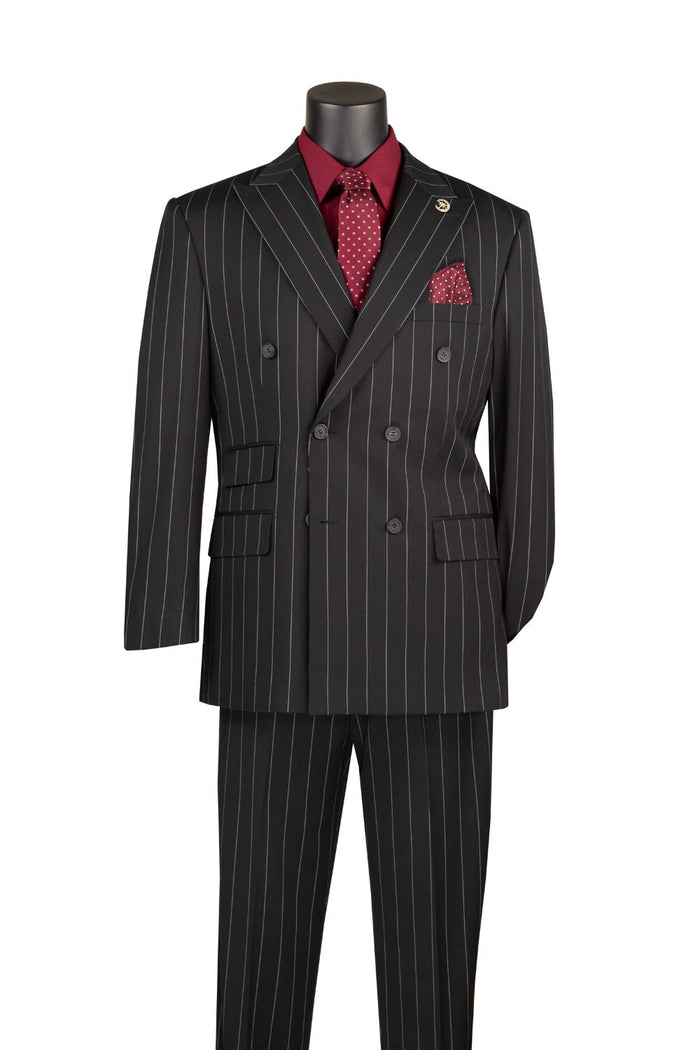 The Vinci Suits Regular Fit Black 2 Piece Pinstripe Double Breasted Suit DSS-5 is displayed with a burgundy shirt, polka dot tie, pocket square, and adjustable waistband pants.