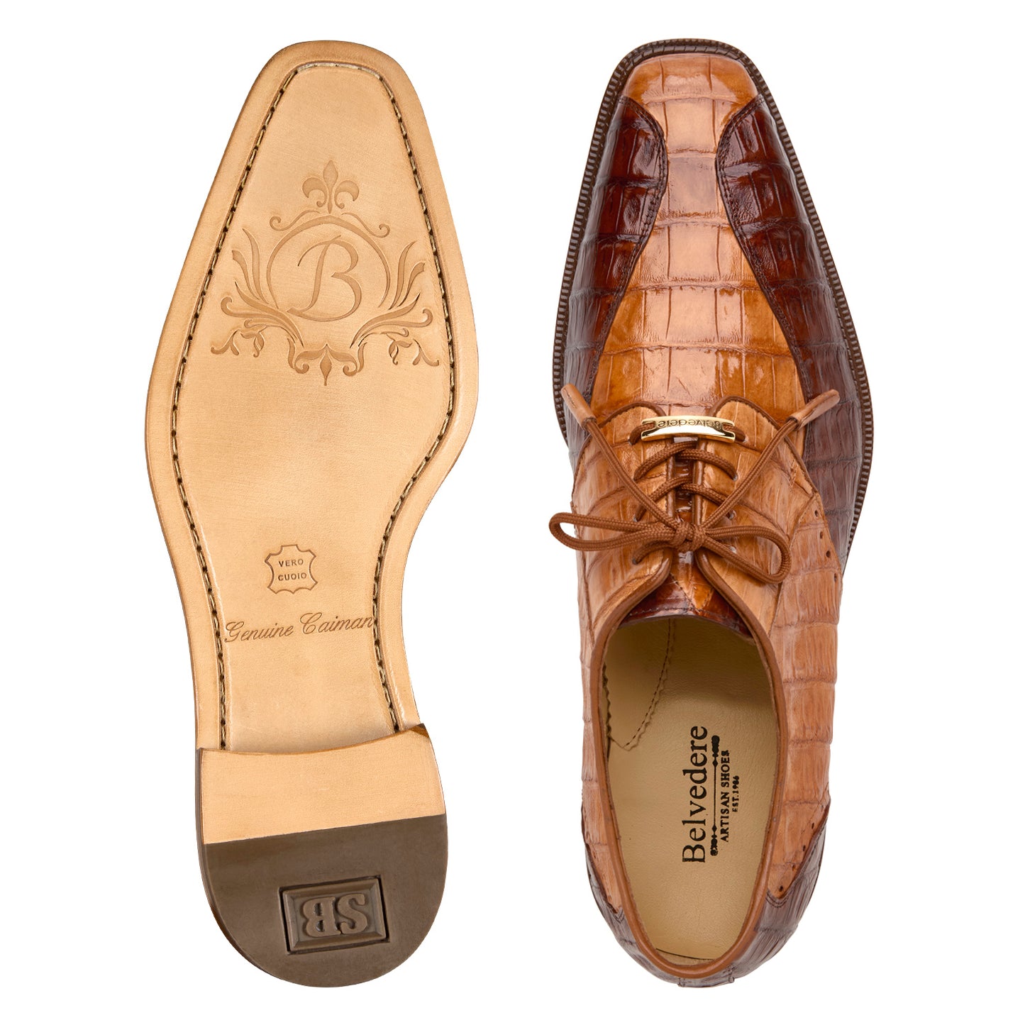 The BELVEDERE "Domenico" R108 is a two-tone Saddle/Ant. Walnut genuine caiman leather dress shoe with laces, low heel, and stitched sole, shown from the side on a white background.