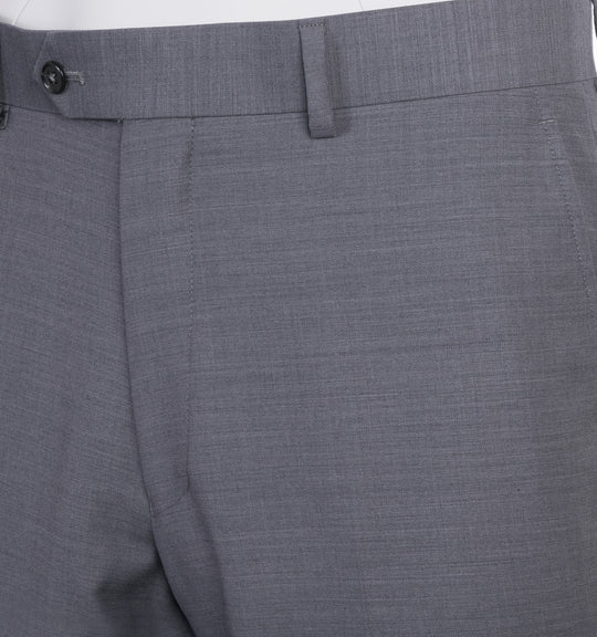 The Tiglio Luxe Novello Light Gray Pure Wool Men’s Suit E09063/26 is displayed with a white dress shirt, pink and black striped tie, and pink pocket square on a mannequin—ideal for fans of fine Italian menswear by Tiglio Luxe.