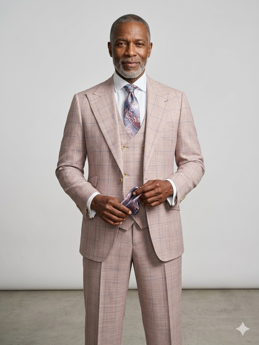 A man wears the Tiglio Rosso Orvietto light red/blue window pane semi wide leg suit (TL26305), standing against a plain background, holding his patterned tie and smiling slightly.