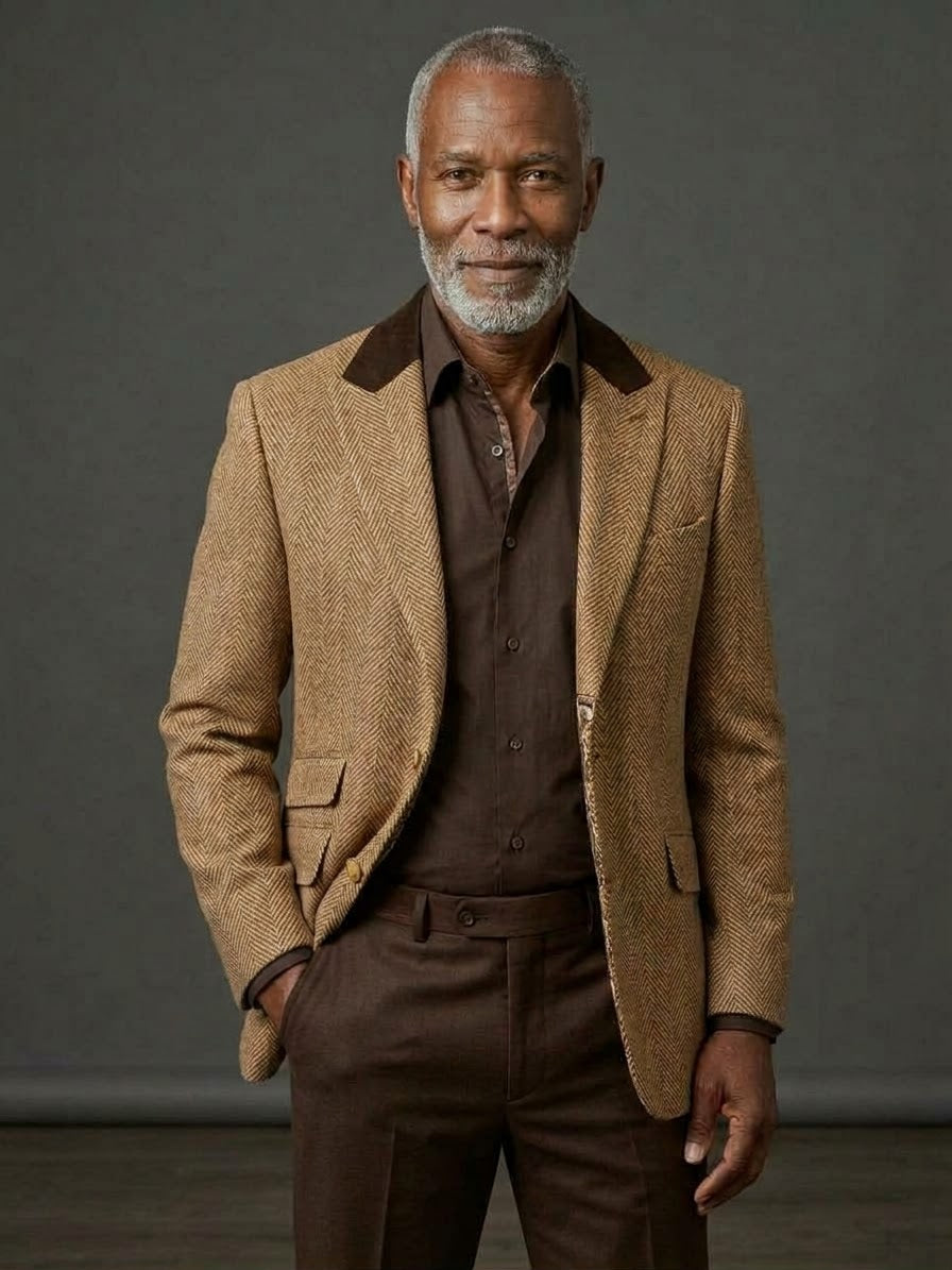 An older man with a gray beard wears the Inserch Brown Herringbone Blazer BL273 (FINAL SALE), paired with a brown shirt and trousers, standing against a plain gray background.