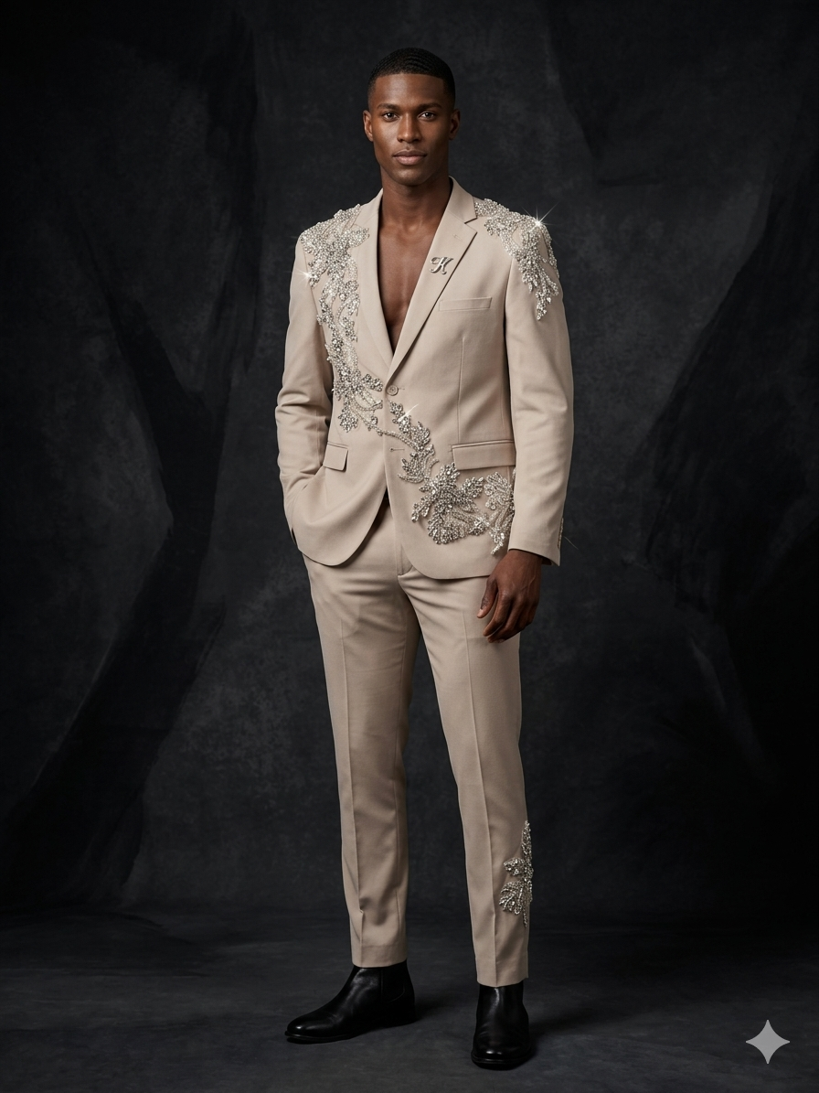 A man poses against a dark backdrop wearing the Unique Design Menswear custom prom suit in tan with clear stone detailing, paired with black dress shoes and no shirt under the blazer.