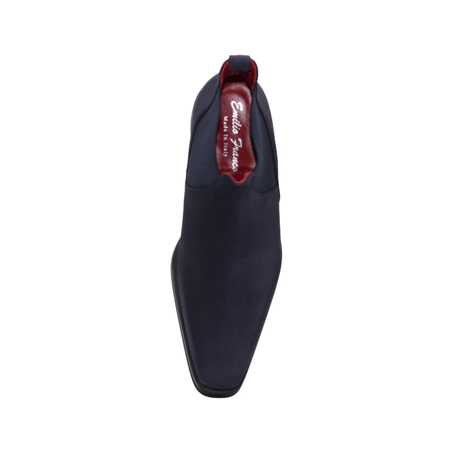 Introducing the Emilio Franco EF311 Navy by Emilio Franco — a meticulously handcrafted Chelsea boot in navy blue suede, featuring a black sole, elastic side panels, a convenient heel pull tab, and a subtle red lining. Expertly made in Italy, it exudes casual elegance and superior quality.