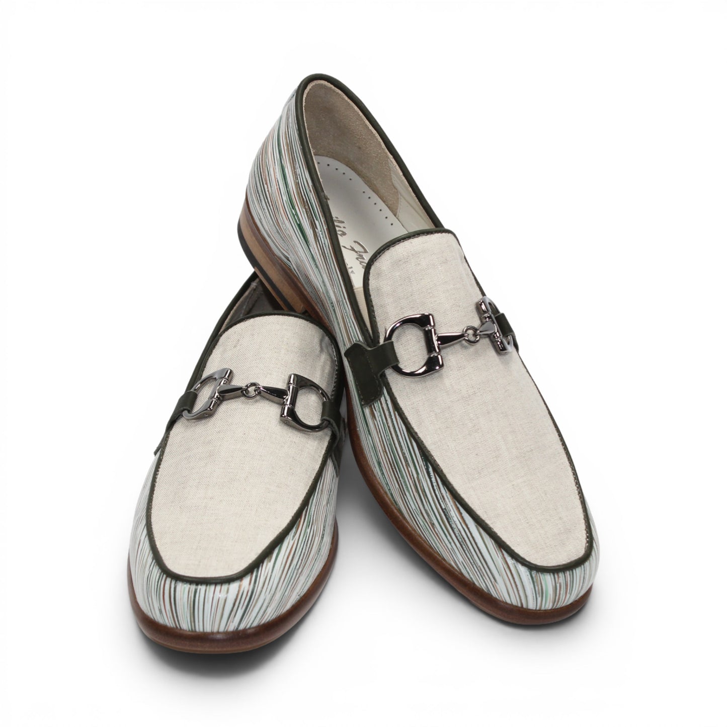 The Emilio Franco EF439 Olive by Emilio Franco is a men’s slip-on loafer in luxury footwear style, featuring a cream calf print leather upper, distinctive white and green striped pattern, silver buckle detail, and a brown sole. The shoe is shown in profile on a white background.