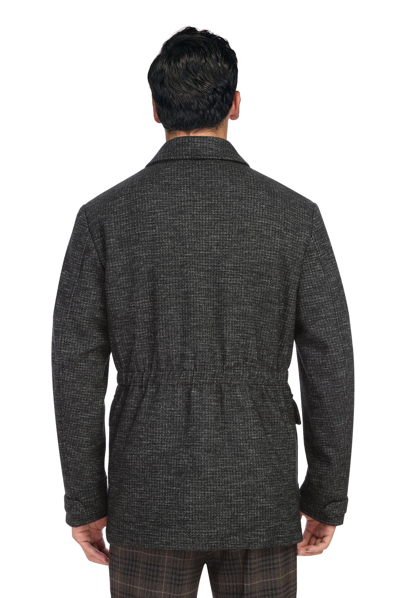 A man stands facing forward against a white background, wearing the ENGLISH LAUNDRY Charcoal Short Coat EL98-01-093 by English Laundry, styled with brown plaid pants.