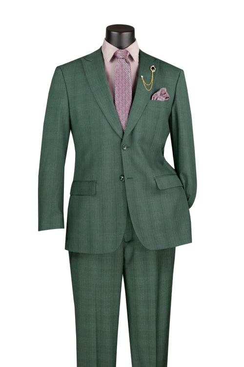 The Regular Fit Forest Green Glen Plaid Dress Suit 2 Piece with Adjustable Waistband Pants F-2RW1 by Vinci Suits is styled with a pale pink shirt, patterned tie, pocket square, and gold lapel chain.