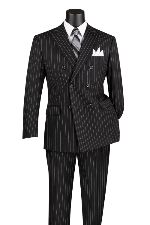A black mannequin wears the Vinci Suits Regular Fit Black Double Breasted Stripe Suit 2 Piece with Adjustable Waistband Pants F-DSS, styled with a white shirt, striped tie, and pocket square.