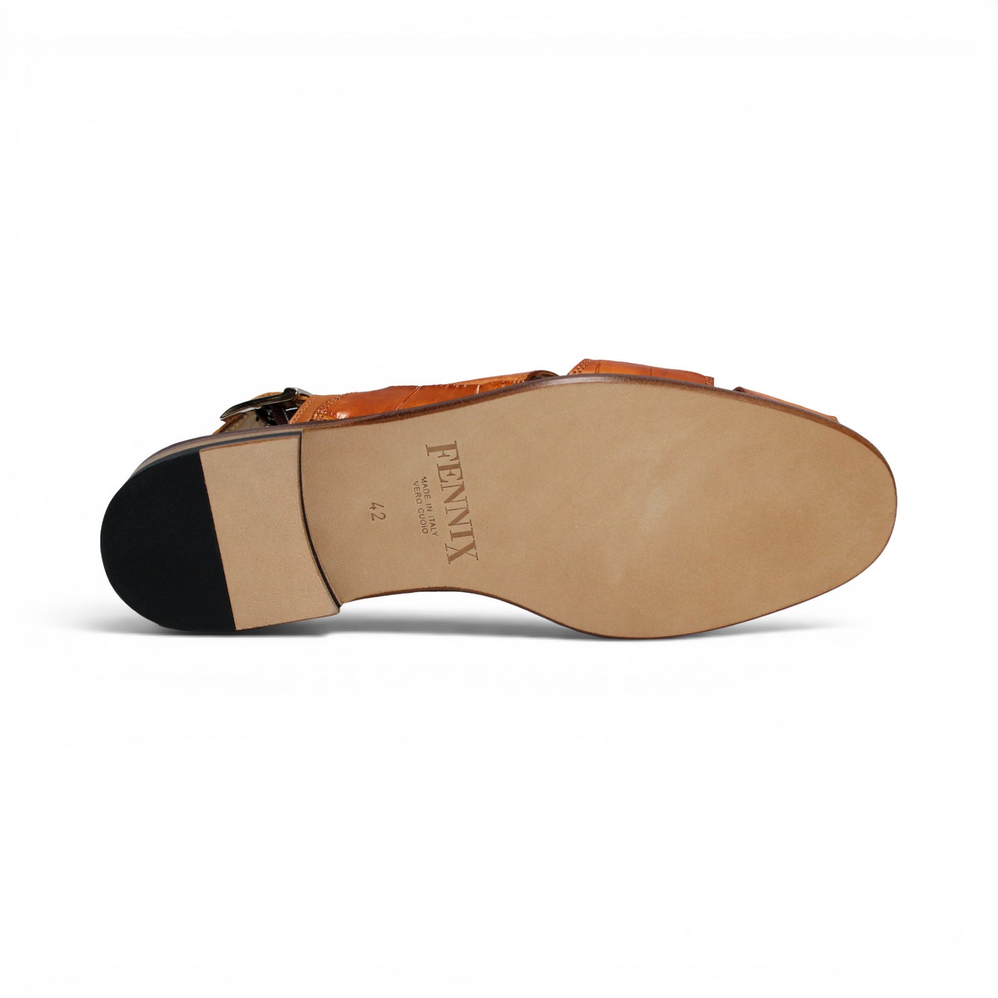 The Fennix F131 Cognac sandal by Fennix of Italy is an open-toe design crafted from genuine alligator leather in a rich brown hue, featuring elegant cut-outs, a slingback strap with side buckle, and a low flat heel—perfect for those who appreciate true luxury footwear. Displayed on a white background.