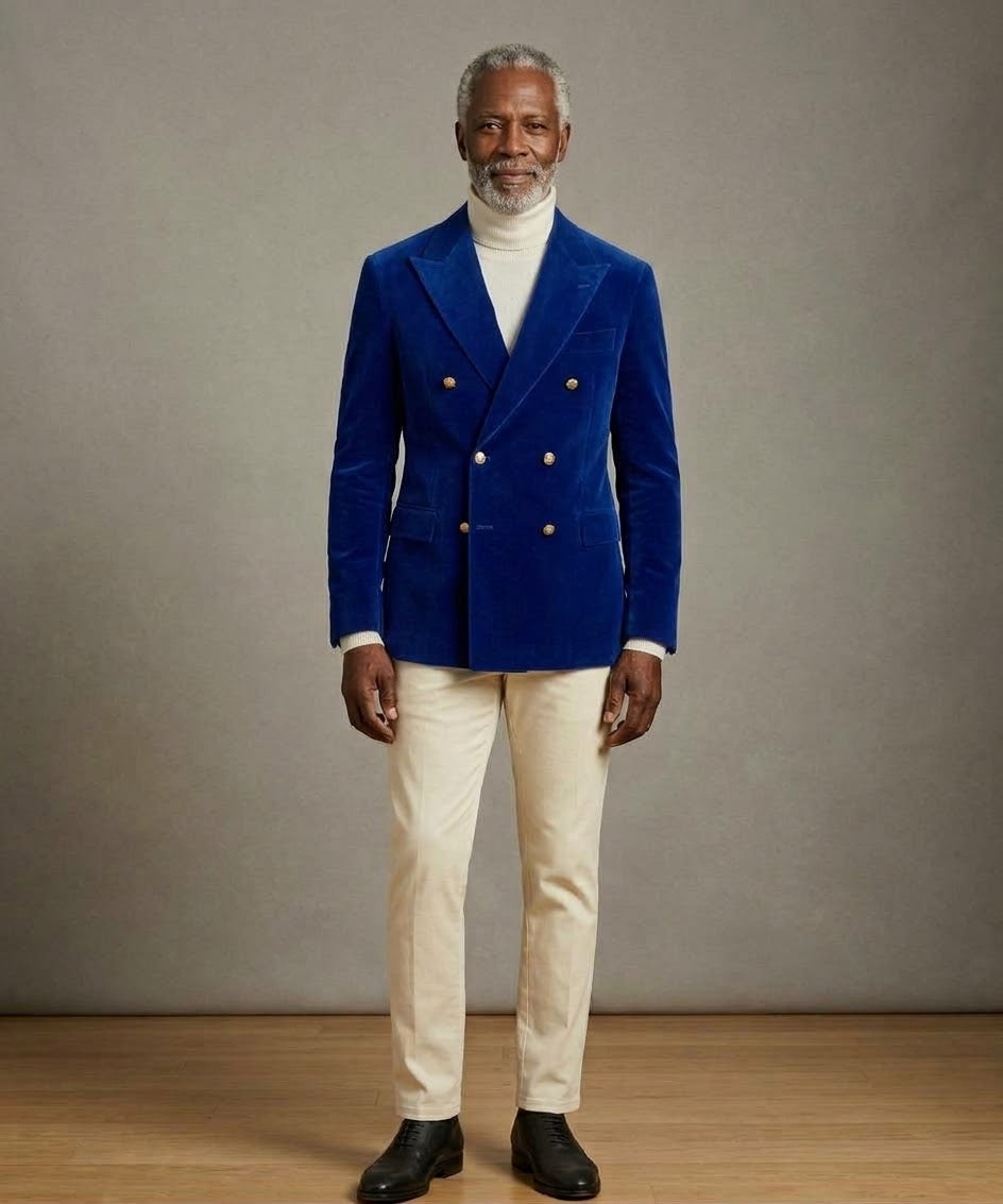 A man wearing an Inserch DB Velvet Blazer BL502 Imperial Blue (Size 4XL) with peak lapels, a white turtleneck sweater, and light-colored trousers.