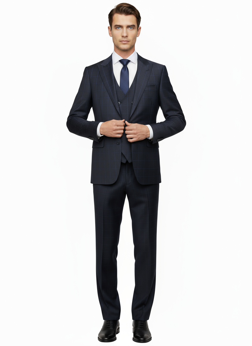 A man stands facing forward against a plain white background, wearing the Tiglio Luxe Black With Blue Windowpane Prosecco Modern Fit Pure Wool Suit and Vest (TL2004) by Tiglio Luxe, paired with a white dress shirt, navy tie, and black dress shoes.