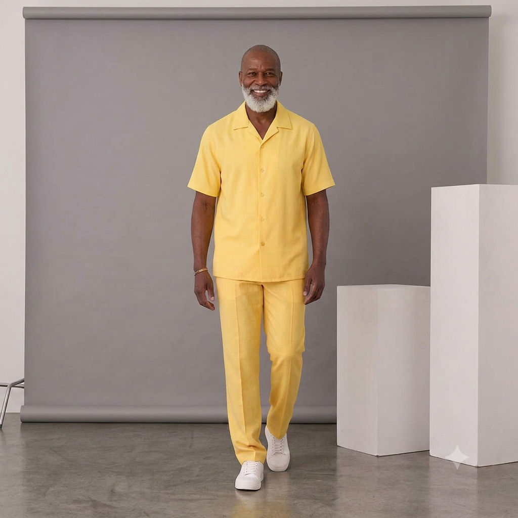A man with a gray beard wears the Inserch 2pc Set (Shirts and Pants) SE9356 Banana Cream by Inserch, walking indoors in front of a gray backdrop with white geometric props.