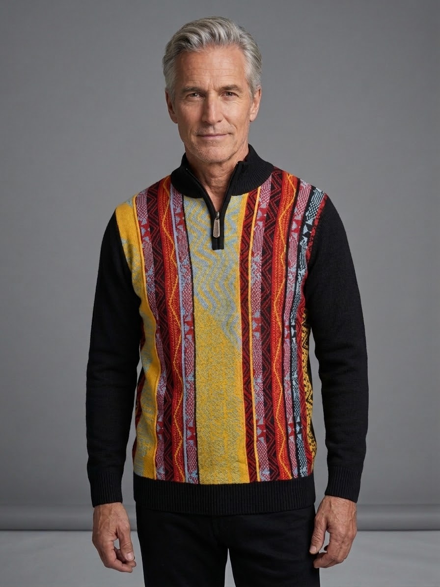 An older man with gray hair is wearing the Suslo Couture Half Zip Sweater FP206 by Unique Design Menswear, featuring a colorful geometric knit design with vertical stripes, while standing in front of a plain gray background.