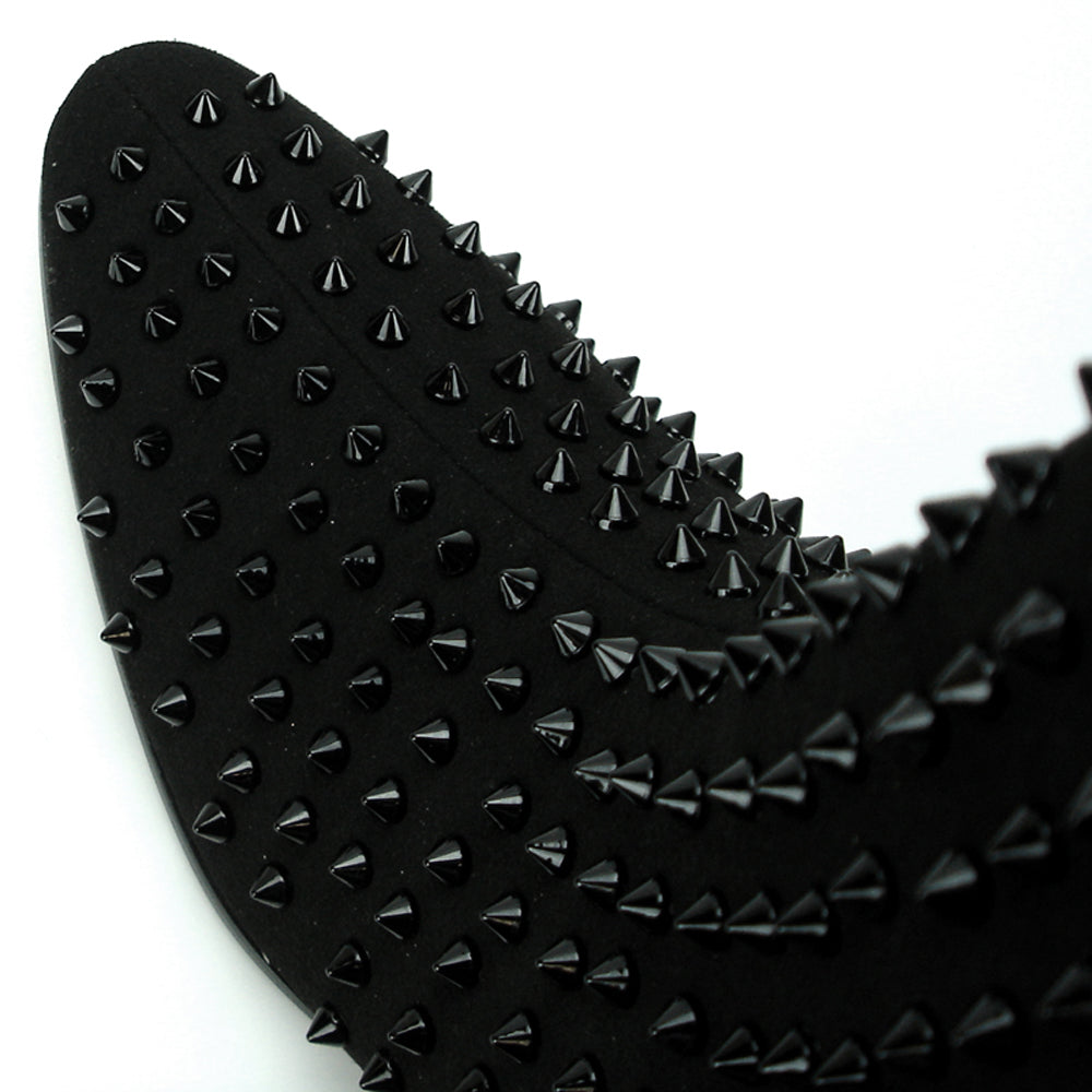 The FI-7142 Black Suede Boot by Fiesso features black spikes, a Cuban heel, and a side zipper—an edgy men's fashion boot from Fiesso by Aurelio Garcia, shown on a white background.