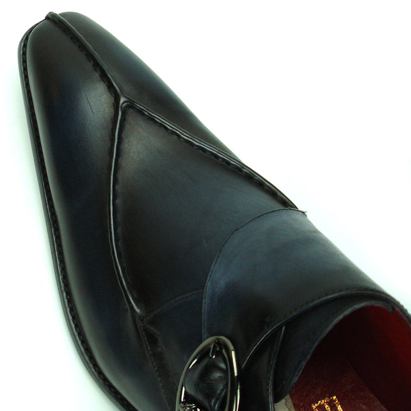 Sleek black men’s leather FI-8712 Black Encore by Fiesso shoes with a pointed toe, low heel, silver buckle detail, and striking red inner lining—these Fiesso monk strap shoes are displayed on a white background.