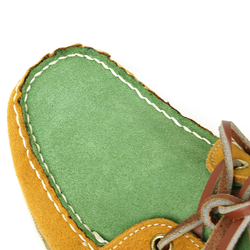 The FI-6512-S Yellow Lime Premium Genuine Suede Lace up Boat Shoe by Fiesso features a vibrant yellow lime front, tan sides, brown leather laces, white stitching, and a white rubber sole—perfect for upgrading men’s style.