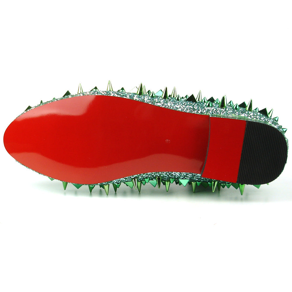 The FI-7239 Green Glitter Green Spikes Slip on Loafer by Fiesso features dazzling green glitter, metallic spikes, handcrafted leather details, a bold red lining, and a black sole—a standout piece for men's fashion.