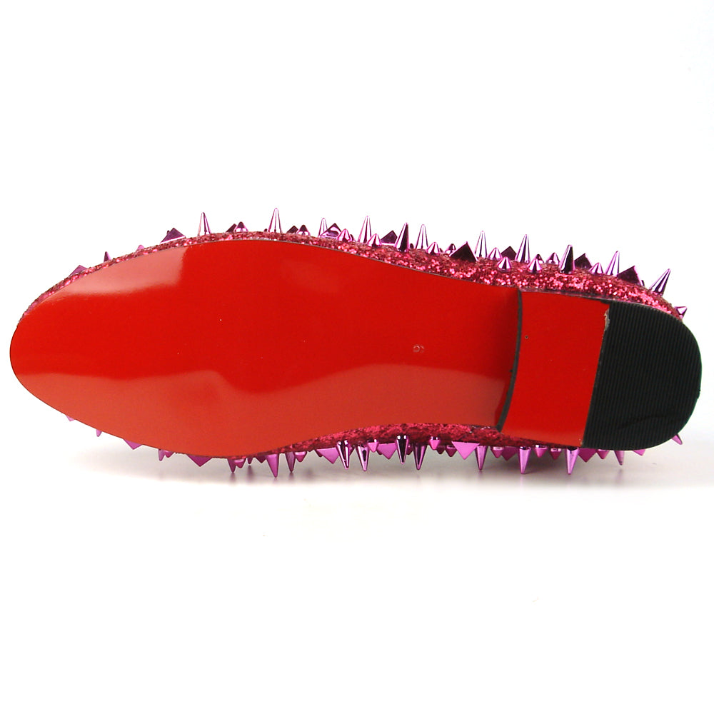 The FI-7239 Rose Glitter Rose Spikes Slip on Loafer by Fiesso features hand-crafted pink glittery leather, striking pointed metallic spikes, and a black sole—a bold, standout choice in men’s fashion.