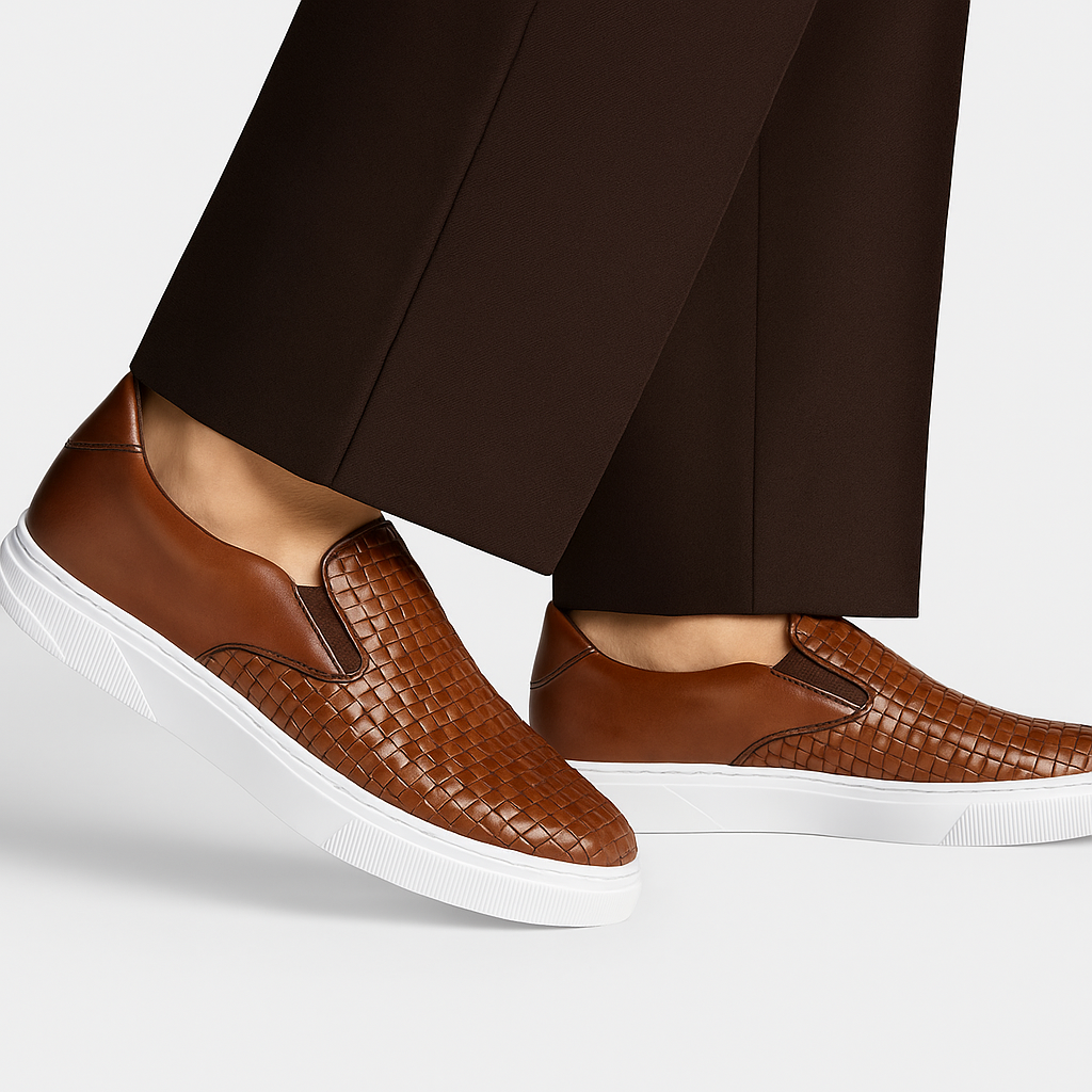 The BELVEDERE Belvedere - Fernando sneaker features an antique tan handwoven leather upper and white rubber sole, shown in side profile on a white background—a refined, casual style by BELVEDERE.