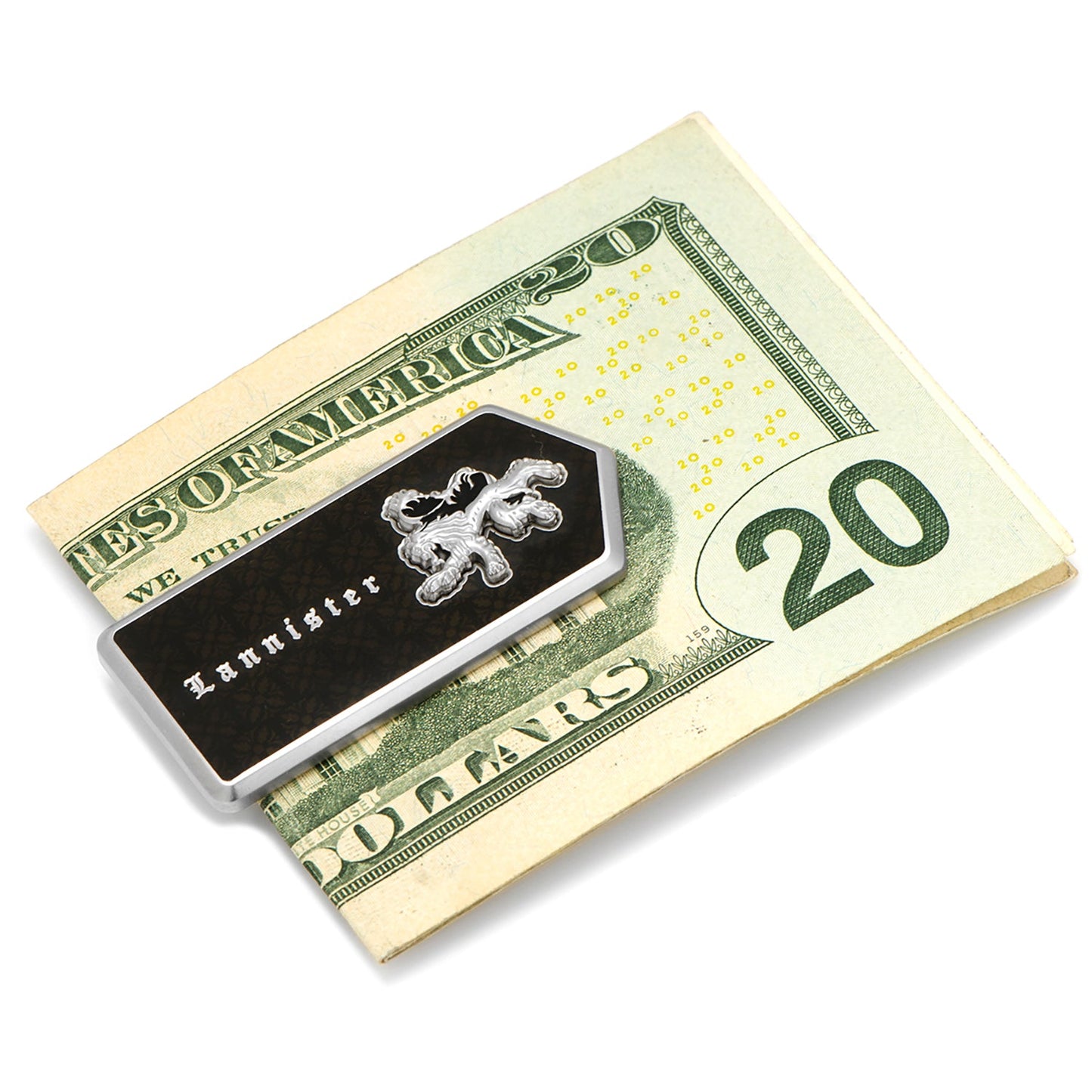 The Game of Thrones Lannister Filigree Money Clip by Cufflinks.com is a rectangular, metallic accessory with a black filigree pattern, silver lion emblem, and "Lannister" in white medieval-style text.