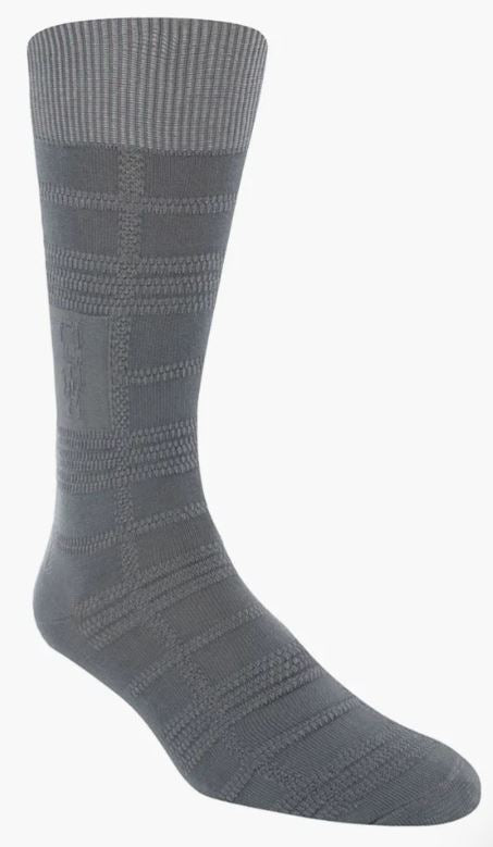 The Stacy Adams Tonal Plaid Gunmetal Dress Sock by ORIGINS is a gray knee-high sock featuring a textured geometric and plaid pattern, designed to fit men's sizes 8-13.