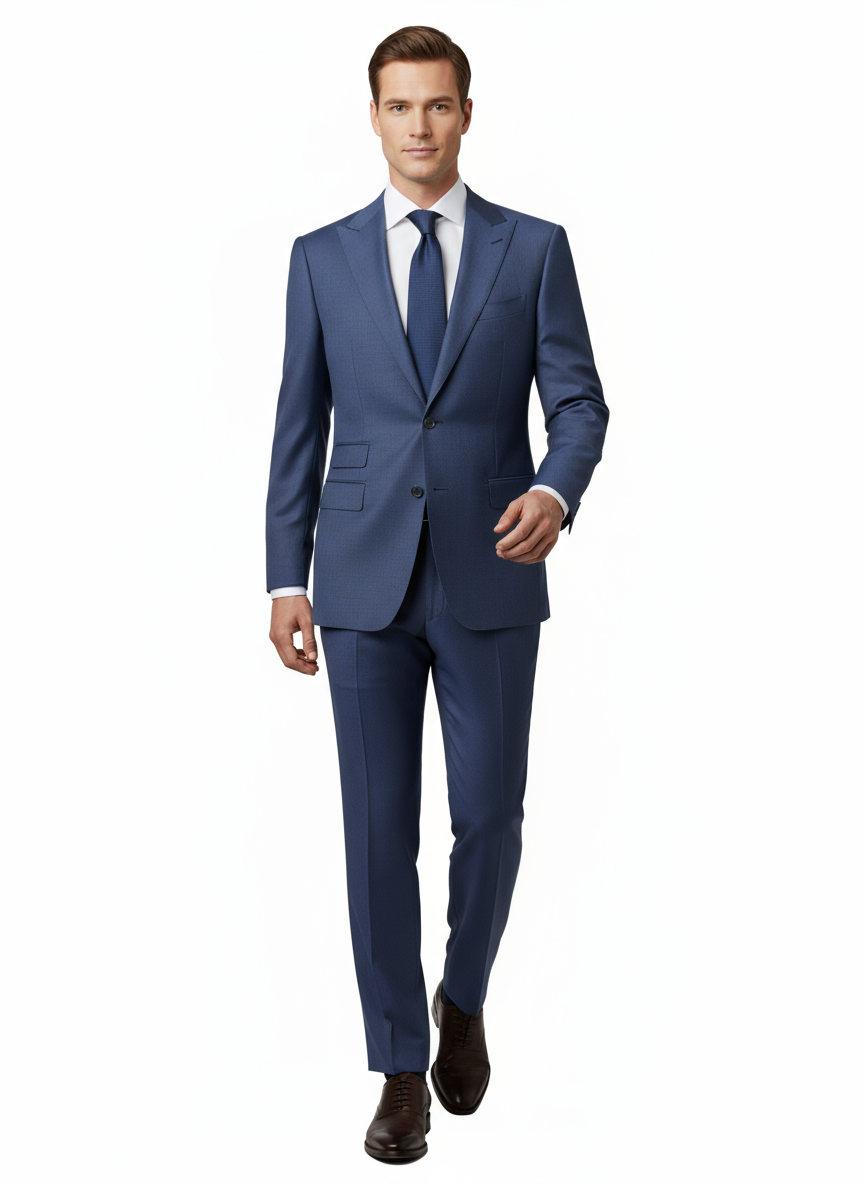 A man stands facing forward against a plain white background, wearing the Tiglio Luxe Denim Blue Prosecco TL6000 modern-fit pure wool suit by Tiglio Luxe, styled with a white shirt, blue tie, and dark brown dress shoes.