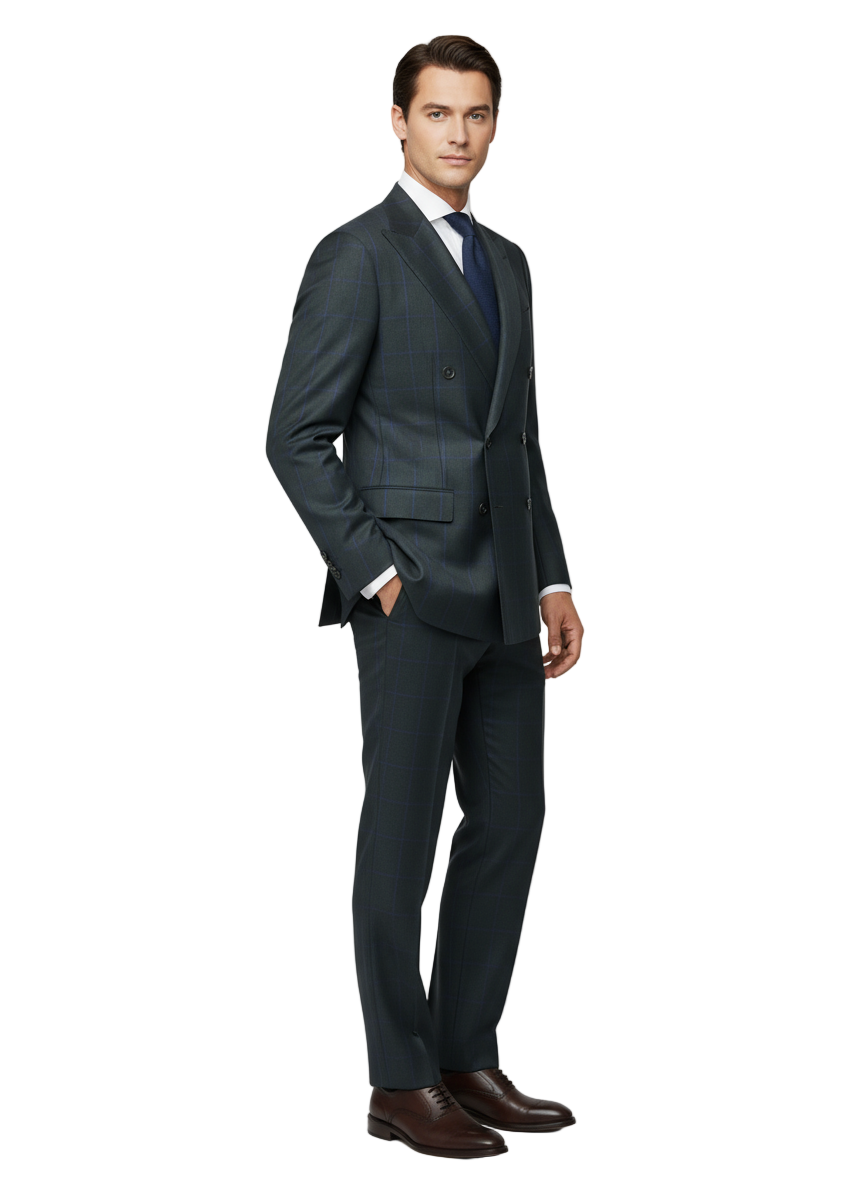 A man wearing a Tiglio Luxe Dark Green with Blue Windowpane Pistoia Modern Fit Pure Wool Men’s Suit TL5142, standing against a plain white background.