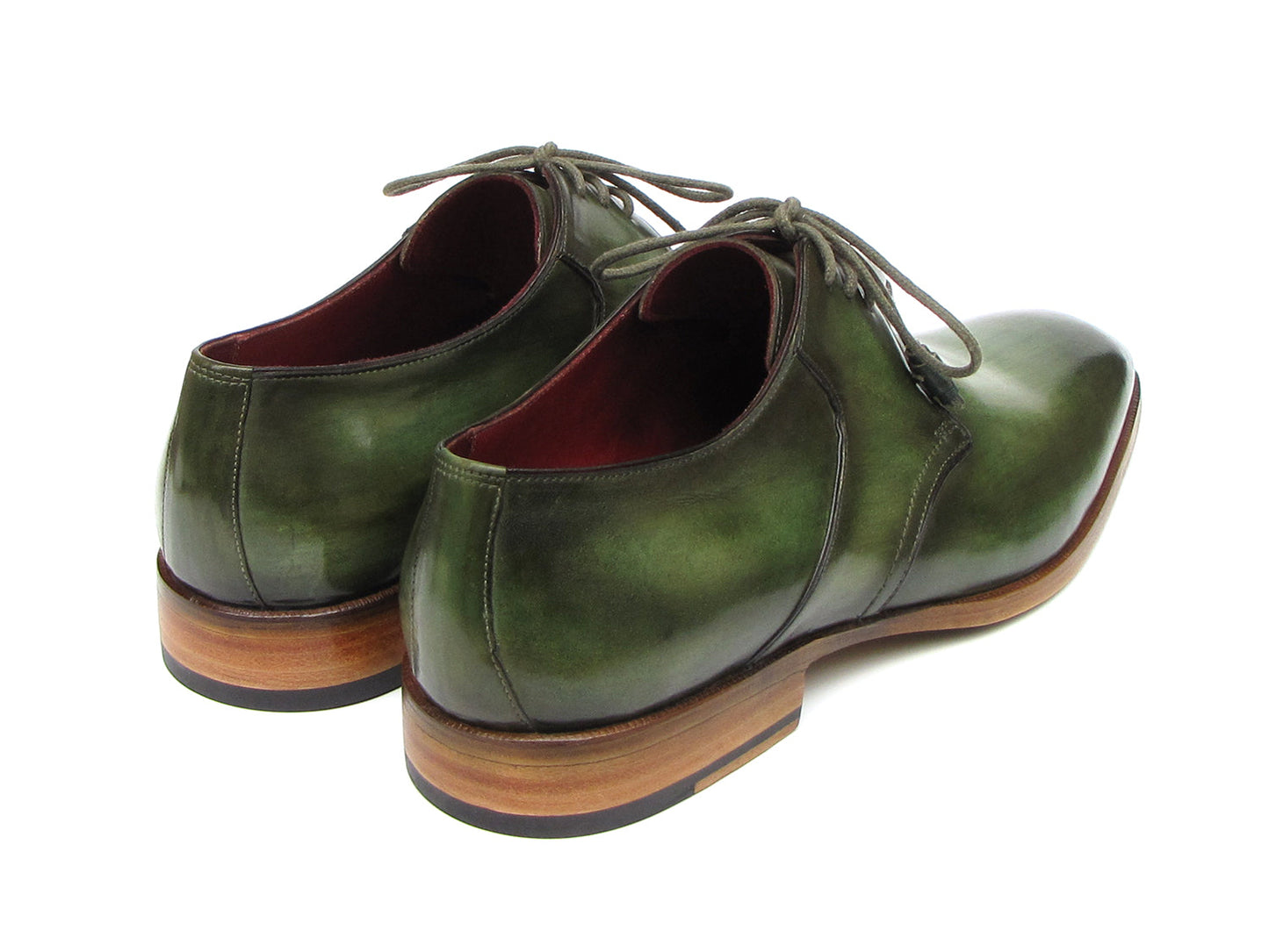 Paul Parkman Green Hand Painted Derby Shoes - 059-GREEN, crafted from Italian calfskin with laces and wooden soles, are elegantly displayed against a white background.