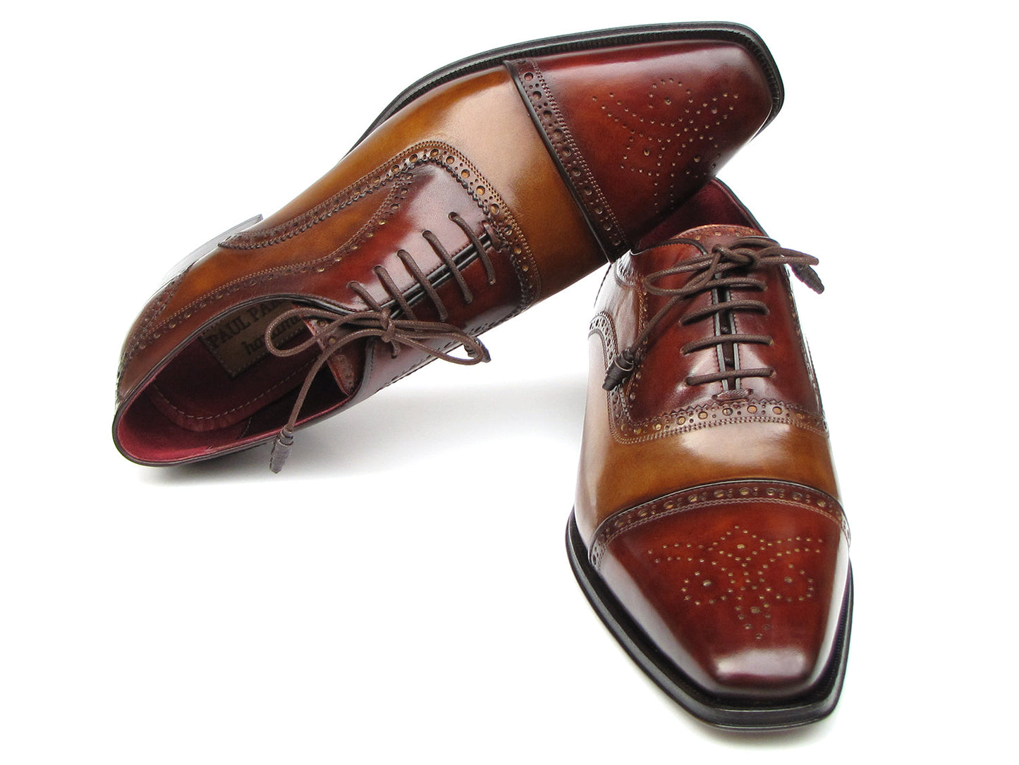 Paul Parkman Captoe Oxfords Camel Red - 024-CML-BRD men's dress shoes in brown and red hand-painted leather with brogue details, cap toes, and classic laces by Paul Parkman, shown against a white background.